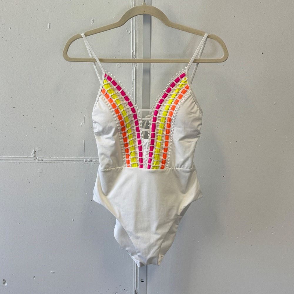 BECCA by Rebecca Virtue White Neon Embroidered V-Neck One Piece Swimsuit Small